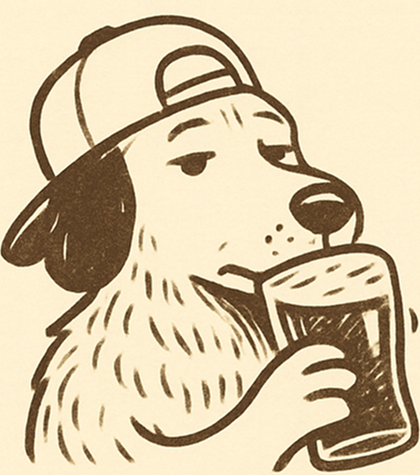 Illustrated dog wearing a cap and drinking a pint of beer